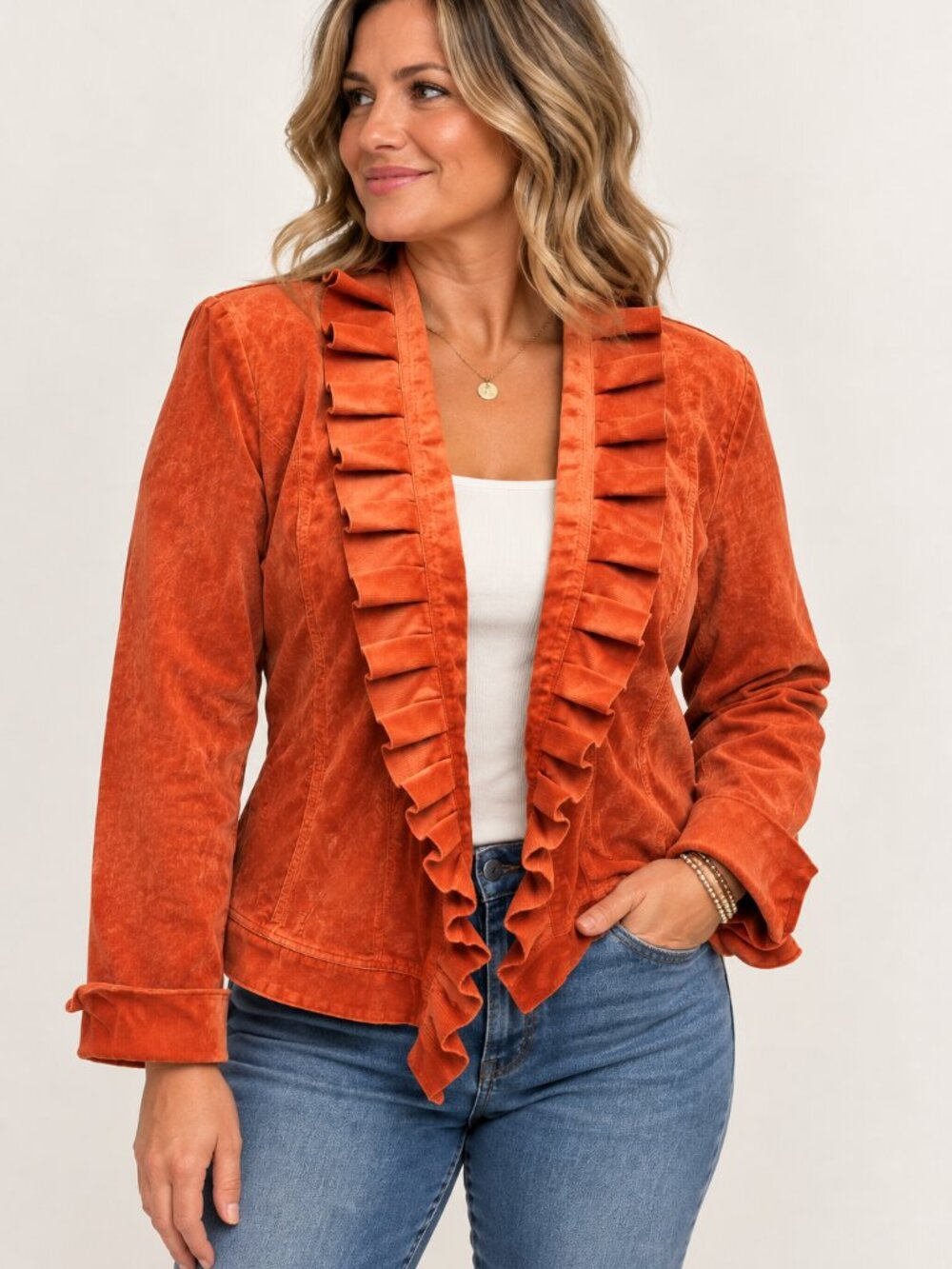 Chicos Size 2 Corduroy Blazer Jacket Open Front Orange Ruffle Demask Floral L